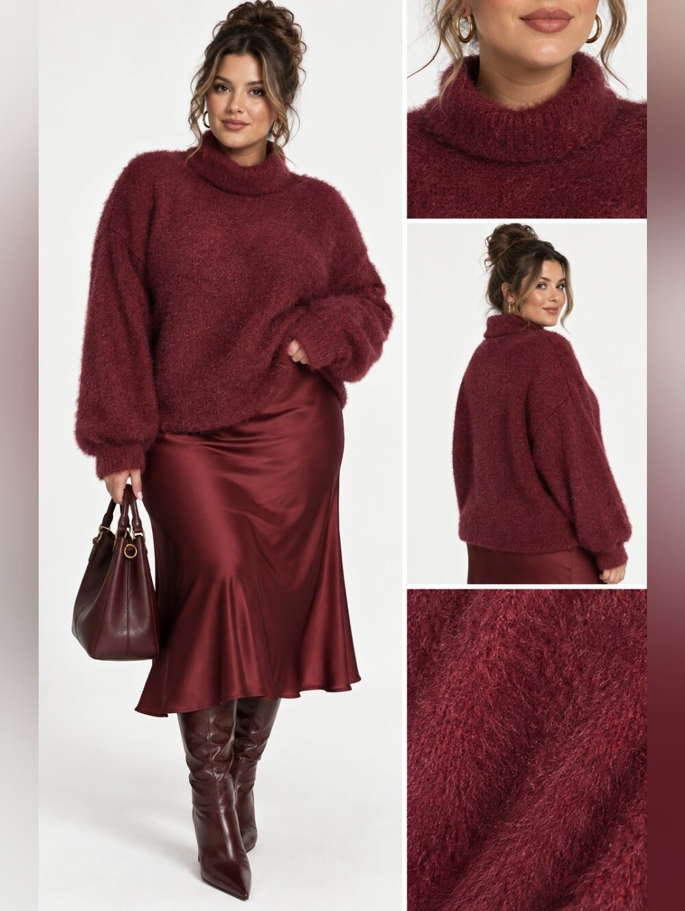 Saodimallsu XL Burgundy Fuzzy Turtleneck Sweater Oversized Cozy Chic